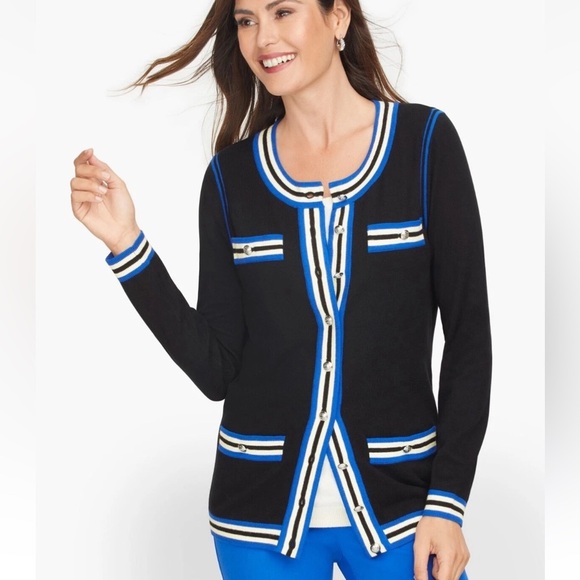 Talbots Sweaters - Talbots Black Silver Button Cardigan Sweater w/ Blue/White Trim Size Medium